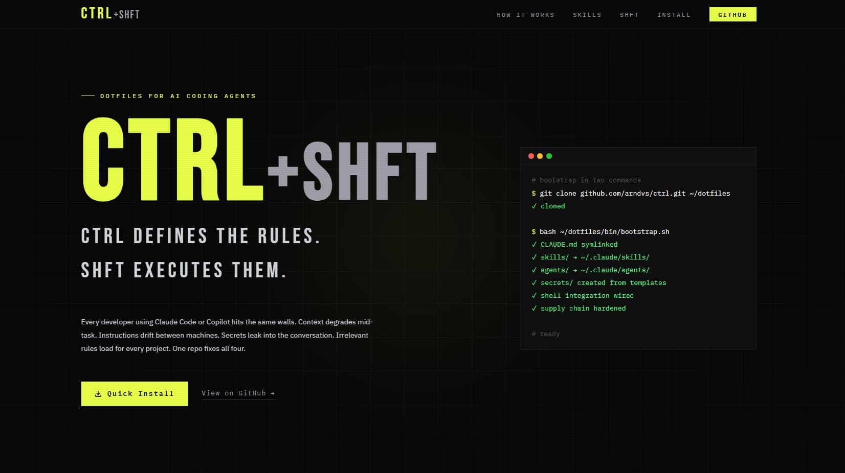 ctrl+shft homepage showing the bootstrap terminal output and tagline